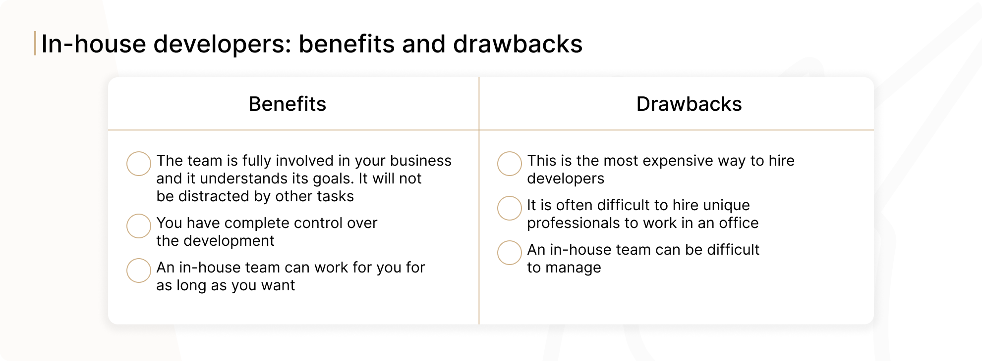 Benefits and drawbacks of hiring in-house developers