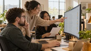 Operations team reviewing a queue of automated tasks on a monitor