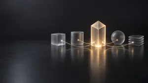 Abstract 3D shapes in a row with one glowing form in the center, representing choosing the right AI development company