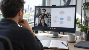 Buyer on a video call with an AI development company's engineers, with a list of questions in a notebook