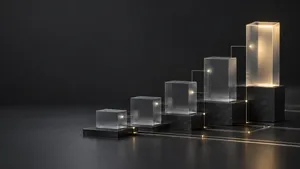 Abstract 3D stepped blocks of different heights connected by glowing data lines, representing the cost layers of an AI project