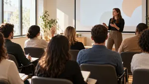 Internal briefing session on AI use policy in a small seminar room