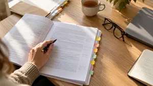 Printed AI policy document with tabs and handwritten notes on a table