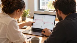 Product owner and AI engineer reviewing test results from an AI prototype