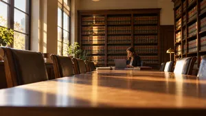 Attorney working alone at a long table in a law firm library