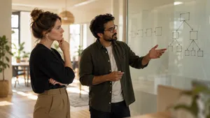 Product lead and engineer discussing a linear process and a branching one sketched on a glass wall
