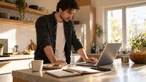 Marketing ops specialist working through CRM records at a kitchen counter