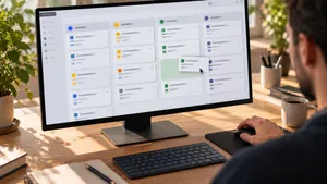Person using a mouse to organise digital task cards into four columns on a computer screen