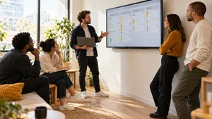 Five-person product team planning a sprint around a board on screen