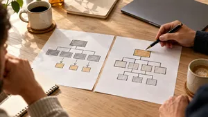 Two hand-drawn team structures compared side by side on a table
