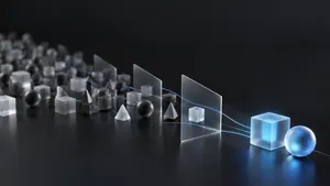 Abstract glass forms narrowing through a funnel to two glowing shapes, representing a vetting process for AI engineers