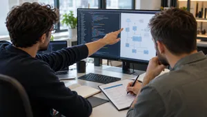 Two engineers reviewing an AI candidate's technical task and scoring it against a rubric