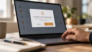 Hand hovering over the trackpad as an AI agent waits for approval to act
