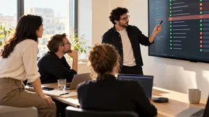 Team reviewing an AI agent’s test results on a wall screen before release