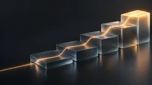 Abstract rising glass steps with a glowing line flowing across them, representing a staged AI implementation