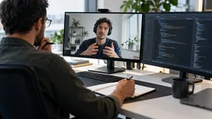 Engineering manager interviewing a remote candidate while reviewing their technical task on a second screen