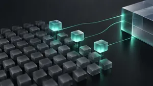 Abstract grid of glass cubes with three lifted and glowing, representing selecting specialists from a talent pool