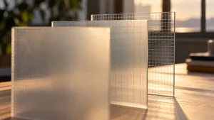 Three layered panels, each clearer than the last, standing on a desk