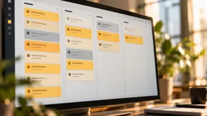 Computer monitor displaying a digital Kanban board with task cards arranged in four columns, with fewer cards toward the right