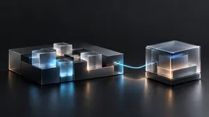 Abstract glass forms slotted into a larger structure beside a self-contained module, representing outstaffing and outsourcing