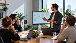 Manager leading an in-person engineering team stand-up with a task board in the background