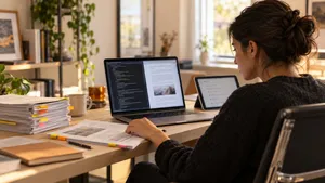 AI engineer working between a stack of source documents and a code editor