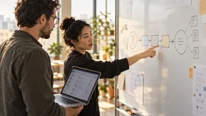Engineers tracing a retrieval pipeline from question to cited answer on a whiteboard
