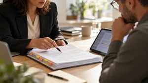 Legal counsel and engineering manager reviewing a marked-up outsourcing contract