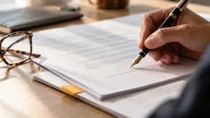 Pen poised over the signature page of a software outsourcing agreement