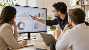 Analyst walking colleagues through IT services market charts on a monitor