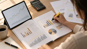 Printed market charts marked up with a highlighter beside a tablet