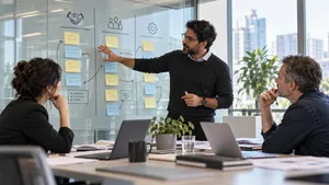 IT leaders mapping out three engagement models on a glass wall in a meeting room