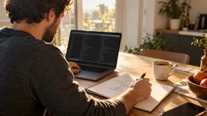 Developer sketching a connection diagram beside a laptop at a kitchen table