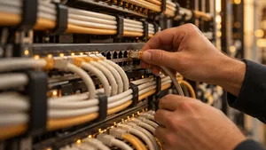 Technician connecting a cable into one port of a tidy patch panel