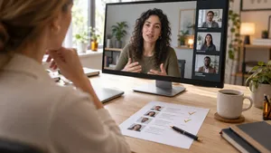 Hiring manager interviewing a shortlisted specialist with a marked-up role brief on the desk