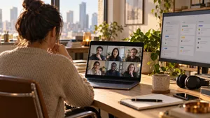 Remote engineer joining an in-house team’s stand-up from a home workspace