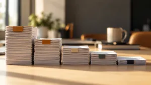 Paper stacks of different heights lined up to compare processing cost