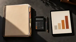 A thick case file beside a tablet showing a cost comparison chart